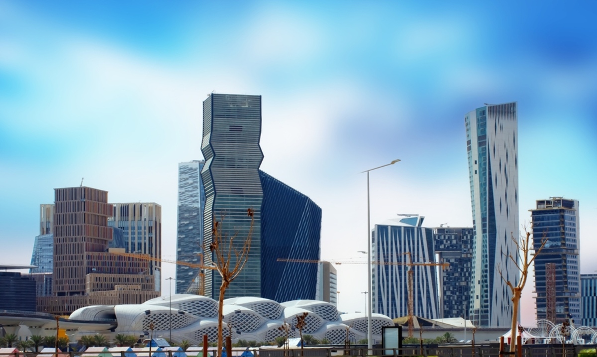 Riyadh Saudi Arabia KSA August 24 2021 new buildings in the King Abdullah Financial District with train metro bridge in Riyadh